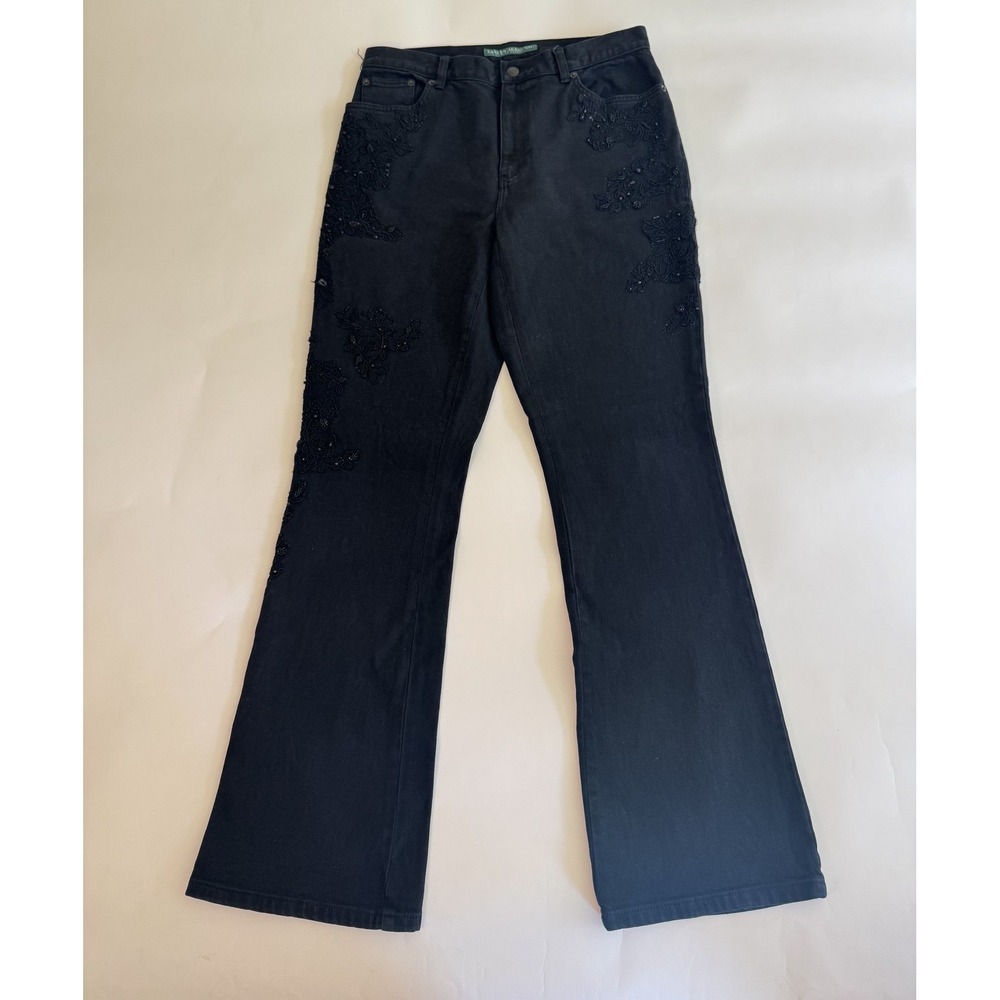 Lauren Jeans Co. Ralph Lauren Black Beaded Lace Applique Bootcut Jeans Women's 8